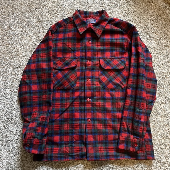 Pendleton Other - VTG 70s‎ Pendleton Board Shirt Red Plaid Wool Flannel Men's M USA Loop Collar